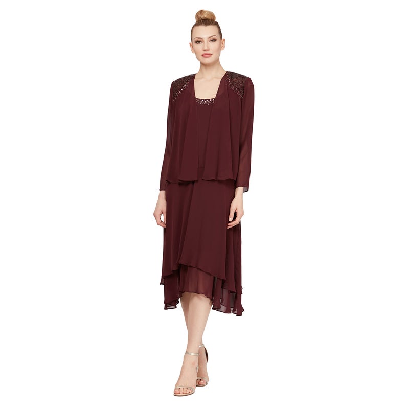 S.L. Fashions Women's Embellished Neckline & Shoulder, Mother of The Bride Jacket Dress (Petite and Regular Sizes), Fig, 16 - Image 1